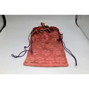 Antique Crochet Purse Silk Lined Drawstring Purse